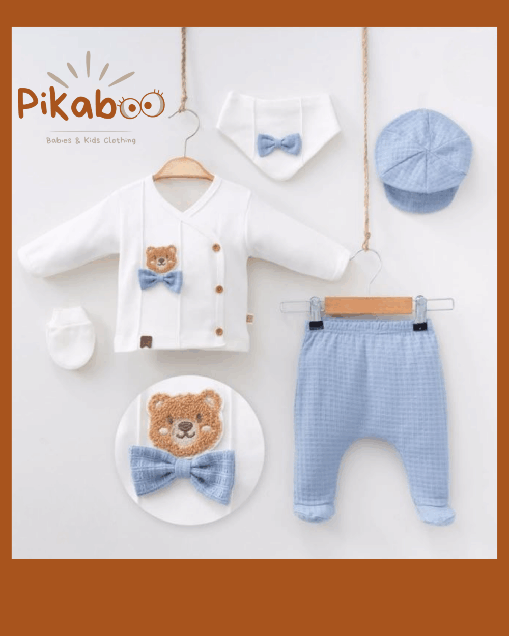 Ensemble 5 pièces naissance orange avec bavoir, mouffles, petit beret et finition ourson