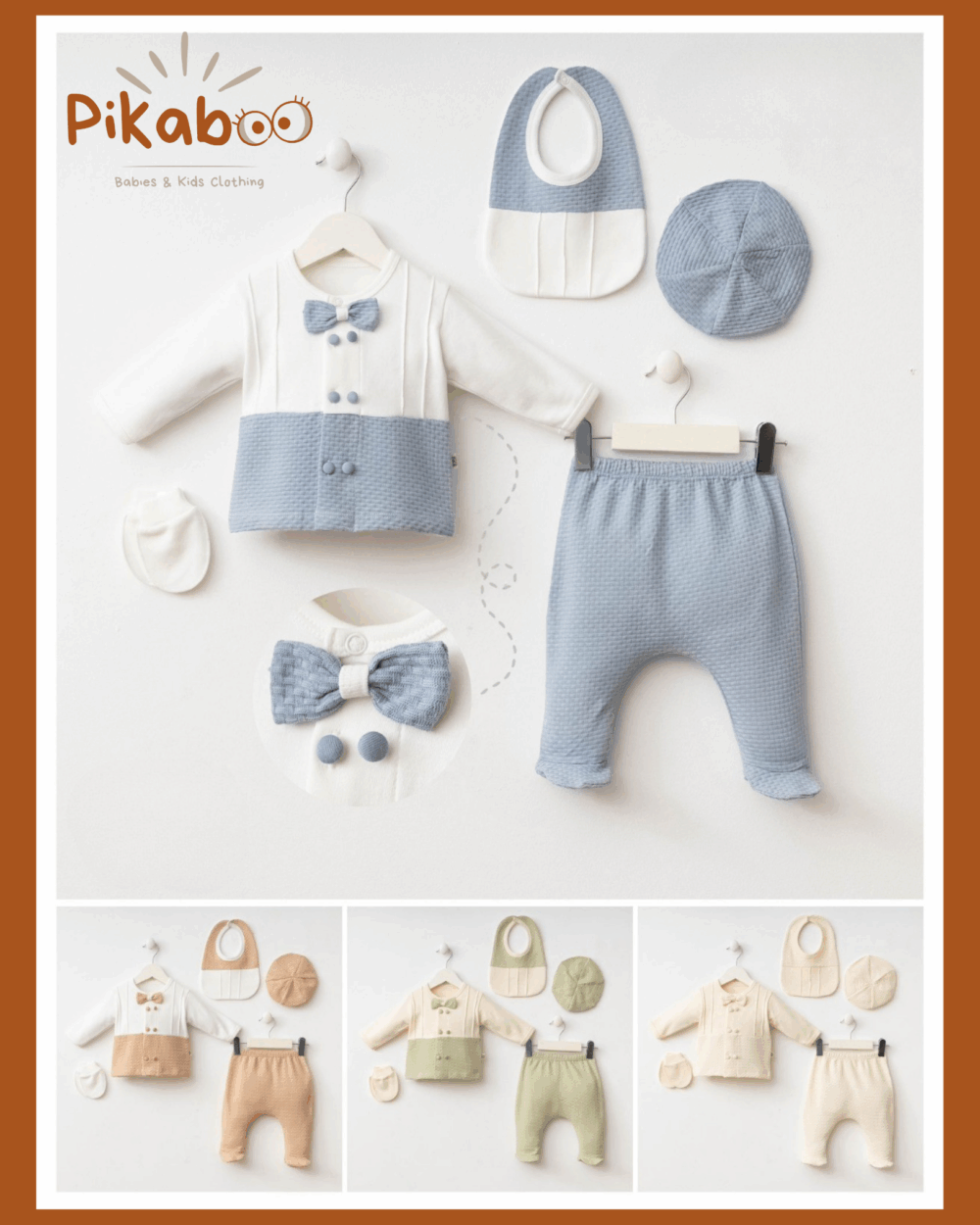 Ensemble 5 pièces naissance bleu avec bavoir, mouffles, petit beret et finition papillon